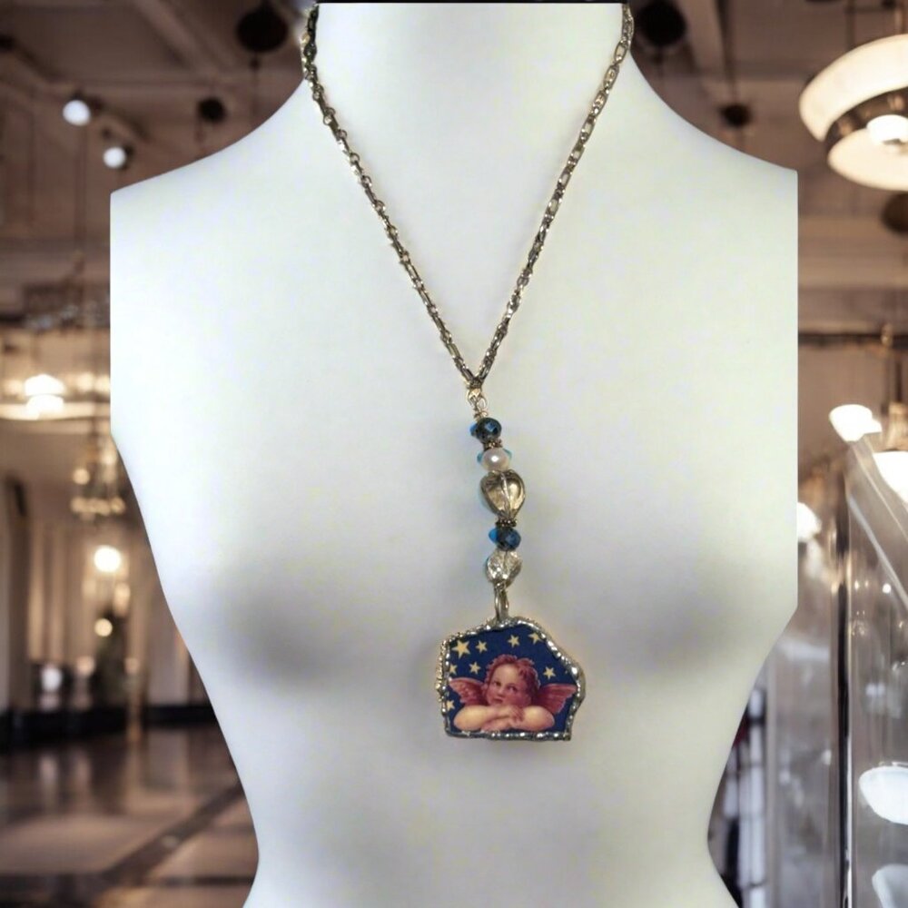 Broken China Angel Pendant Crystal Bead Necklace Set in Silver Blend Metalwork